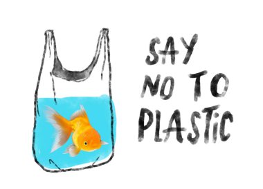 Beyaz arka planda izole edilmiş plastik poşetteki Japon balığı ve... 