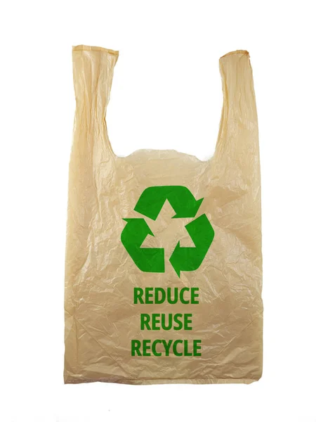 Sac en plastique avec logo de signe de recyclage et mots RÉDUIRE RECYC REUSE — Photo