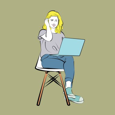 Çalışan kadınlar koltukta dizüstü bilgisayarla oturuyor, öğrenci evden öğreniyor, ev kavramından öğreniyor.