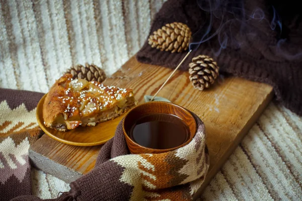 Pie, tea and Incense stick. Aromatherapy — Stock Photo, Image