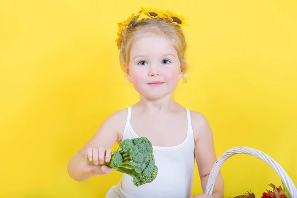 Schöne kleine glückliche Mädchen mit Korb mit Gemüse und Obst — Stockfoto