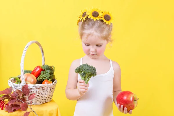 Bella bambina felice con cesto di verdure e frutta — Foto Stock