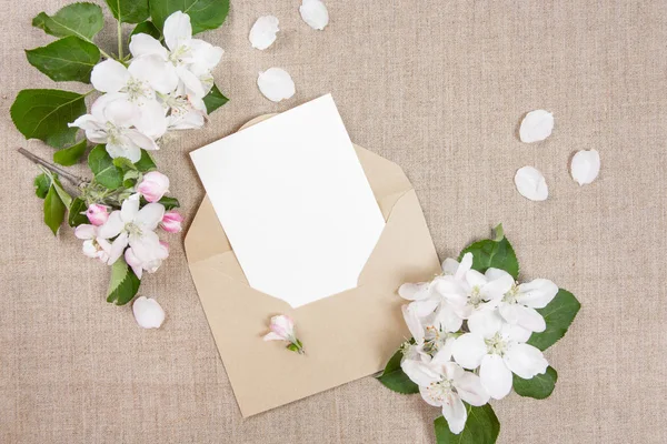 Tarjeta con sobre beige y flores blancas de manzano sobre tela beige . —  Fotos de Stock