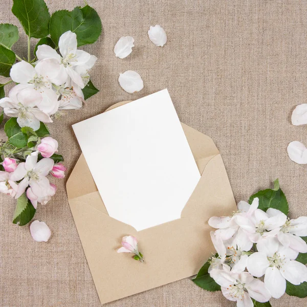 Tarjeta con sobre beige y flores blancas de manzano sobre tela beige . —  Fotos de Stock