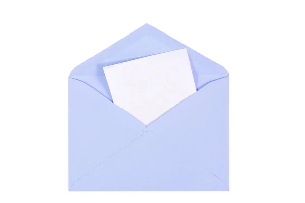 Envelope Azul Aberto Com Folha Papel Branco Isolado — Fotografia de Stock