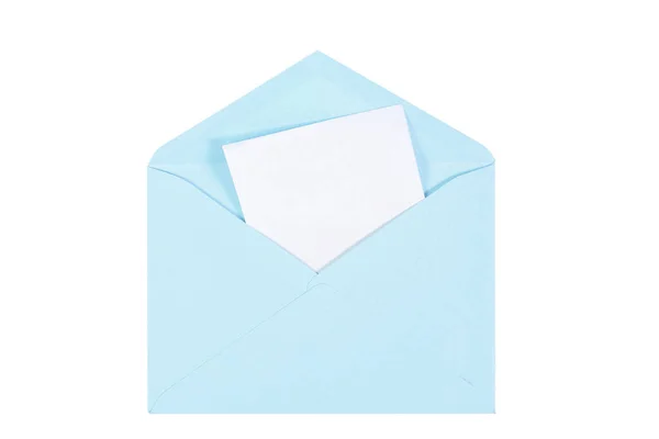 Blueenvelope Aberto Com Folha Papel Branco Isolado — Fotografia de Stock