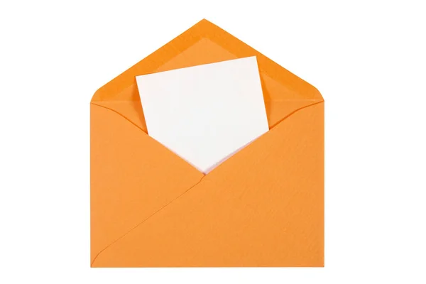 Enveloppe Orange Ouverte Avec Feuille Papier Vierge Isolé — Photo