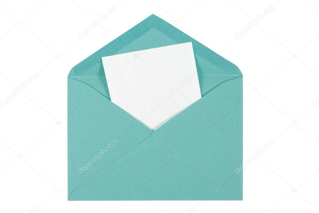 Opened green envelope  with blank paper sheet Isolated