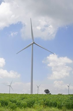 Tepede mavi gökyüzü olan rüzgar türbinleri