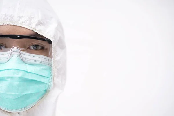 Hombre Traje Protección Del Ppe Con Mascarilla Facial Anteojos — Foto de Stock