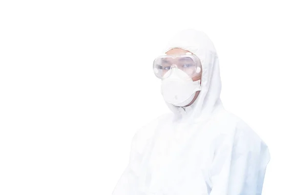医療用マスクと眼鏡をかけた保護Ppeスーツの男 — ストック写真