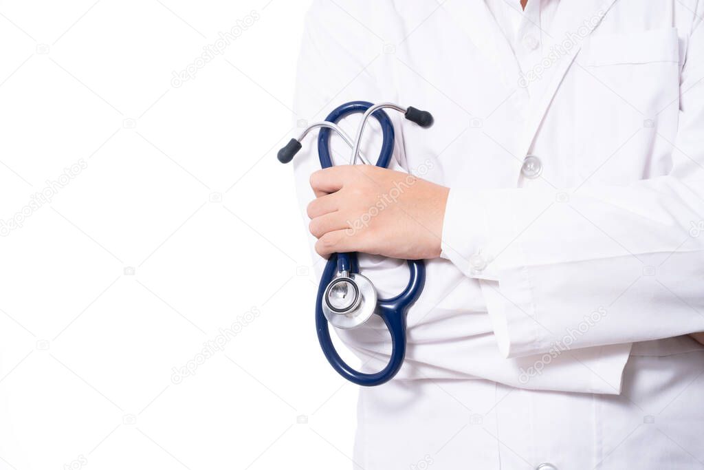 doctor holding stethoscope with white background