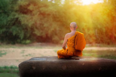 Buda keşişi ormanda meditasyon yapıyor.