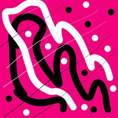 Kıvrımları, çizgileri ve parlak pembe daireleri olan soyut bir desen.