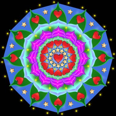 Kırmızı kalpli dekoratif mandala ve aşk için altın yıldızlar.  