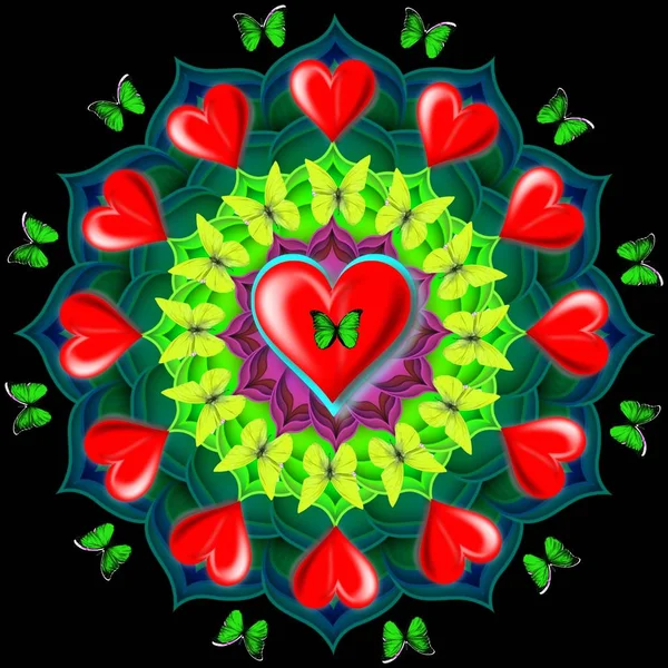 Abstract Decoratieve Mandala Met Een Rood Hart Vlinders Voor Liefde — Stockfoto