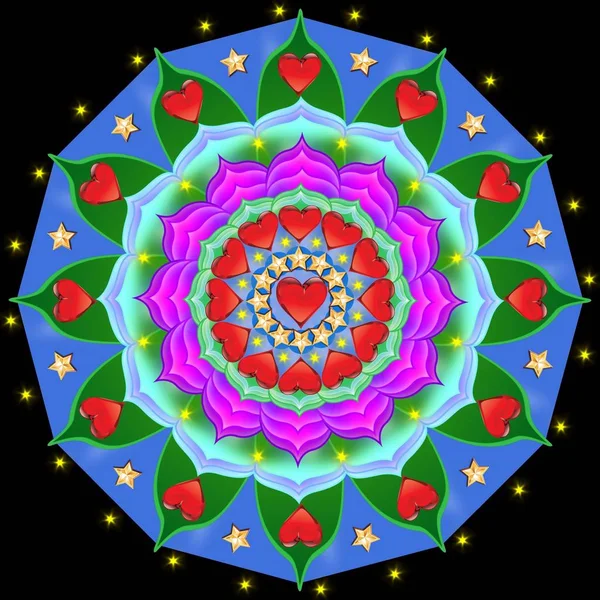Dekoratives Mandala Mit Roten Herzen Und Goldenen Sternen Für Die — Stockfoto