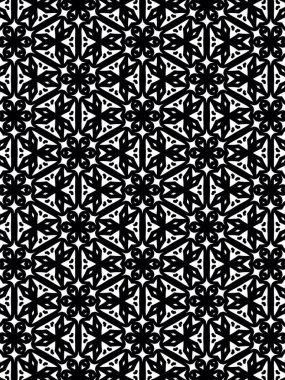 Siyah ve beyaz renklerde altıgen simetrisi olan dekoratif geometrik desen