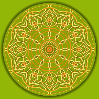 Dekoratif açılış mandala, üç boyutlu gölgeler ve ince yeşil renkler.