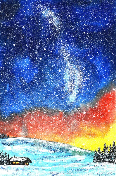 Invierno Acuarela paisaje cielo nocturno puesta del sol y bosque fondo abstracto. Árbol de Navidad y cielo oscuro nocturno — Foto de Stock