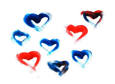 Renkli kalp şekli ayarlandı. Sevgililer günü kartları için parmak boyasıyla boyanmış kalpler.