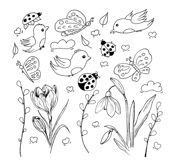 Springtime outlined hand drawn simpe childlike doodles set. Cute cartoon hand drawn doodle illustration. — Stockfoto