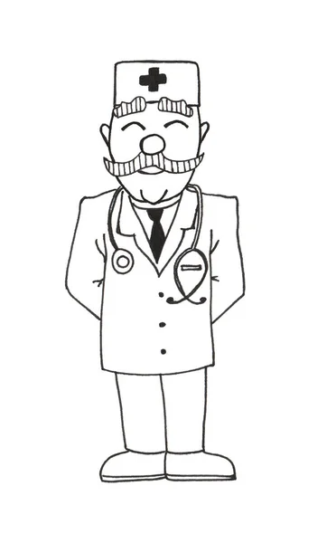 Doctor en estilo garabato dibujado a mano aislado sobre fondo blanco. Hombre con corbata en uniforme blanco y gorra médica . — Foto de Stock
