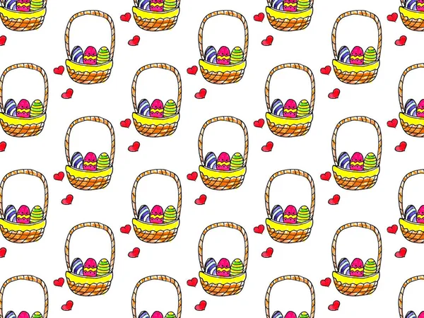 Easter Doodle suluboya sepet yumurtaları. El çizimi paskalya karalamaları beyaz arkaplan deseninde izole — Stok fotoğraf