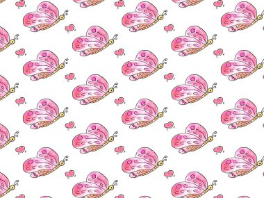 İlkbaharda çizilen el, çocuksu karalamalar pembe kelebekler ve kalp suluboya desenleri çiziyordu. Mevsimsel tasarım için sevimli dekoratif elementler, basılı malzemeler.