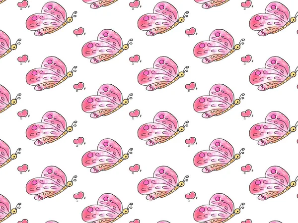 İlkbaharda çizilen el, çocuksu karalamalar pembe kelebekler ve kalp suluboya desenleri çiziyordu. Mevsimsel tasarım için sevimli dekoratif elementler, basılı malzemeler.