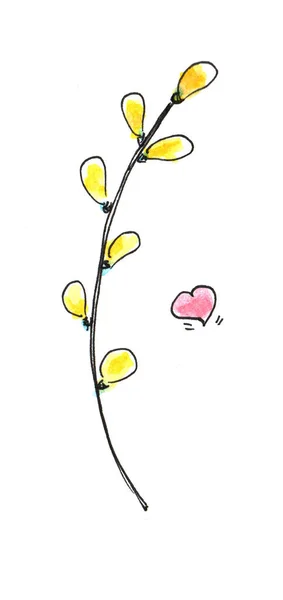 Primavera Delineato Disegnato Mano Simpe Scarabocchi Infantili Ramo Salice Acquerello — Foto Stock