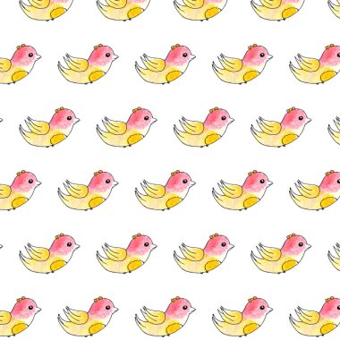 İlkbahar çizilmiş el çocuksu karalamalar pembe kuş suluboya desenleri.