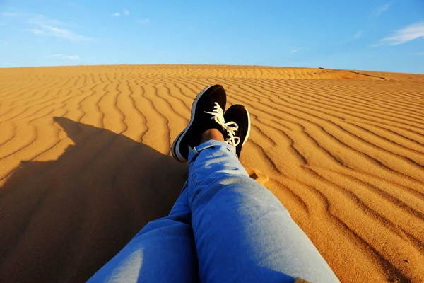 Summer is coming, woman foot on sand hill — Stock Photo, Image