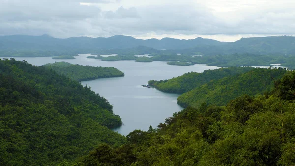 Écosystème avec lac forêt verte sur la chaîne de montagne — Photo