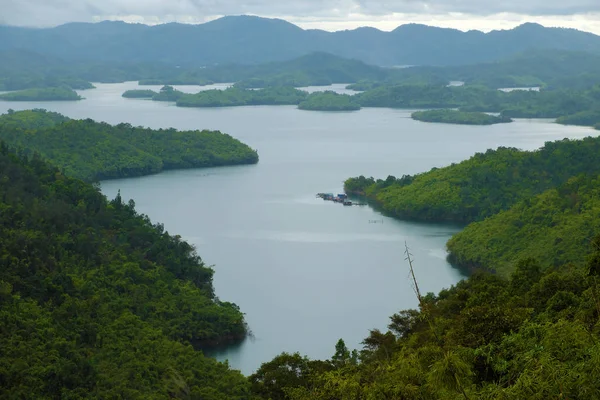 Écosystème avec lac forêt verte sur la chaîne de montagne — Photo