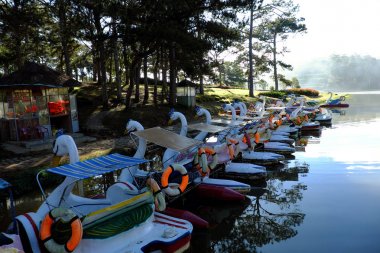 Ördek tekne, araç taşıma grup ve turizm için su sakin ol, yüzey suyu daha Tho Gölü, bir hedef için seyahat çam ormanları arasında Da Lat city, Vietnam, gölde yansıtmak