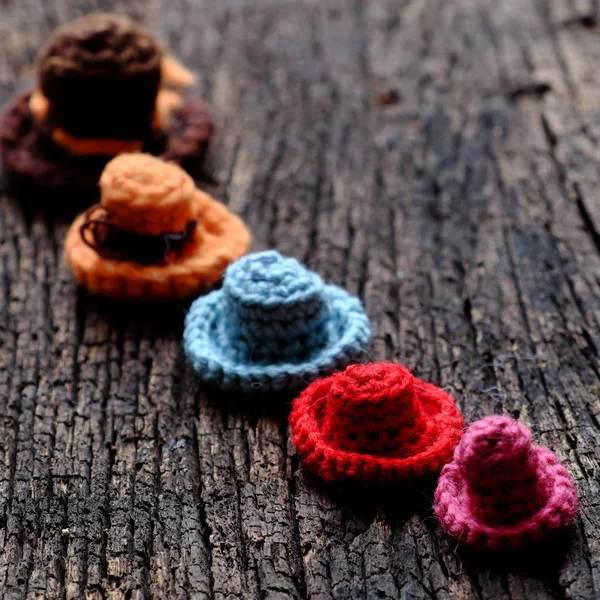 Amigurumi craft cute for decor, colorful tiny cowboy hat crochet — Stock Photo, Image