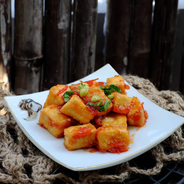 Fried tofu cook with tomato sauce, healthy, nutrition and delici — Stock Image Fried tofu cook with tomato sauce, healthy, nutrition and delici Stock Picture