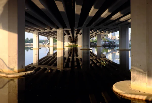 Amazing scene under bridge with reflection wonderful shadow, sha — Stock Photo, Image
