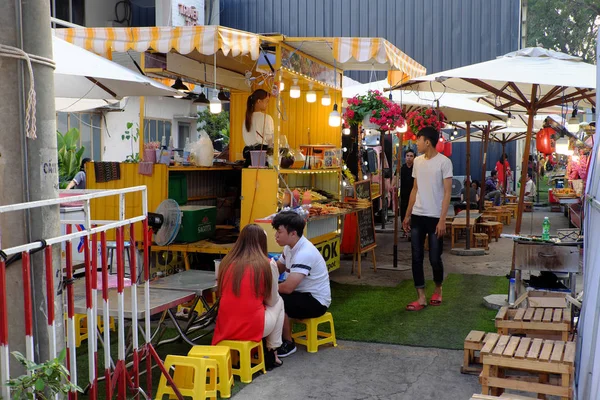 Outdoor restaurant with food court at weekend market, many snack — Stok fotoğraf