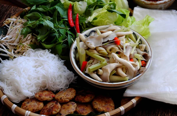 High View Tray Vegan Food White Straw Mushroom Steamed Chili — Stock Photo, Image