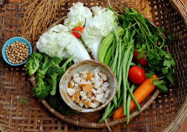 Top View Råvara För Vietnamesiska Vegetariska Skålen Kokta Grönsaker Och — Stockfoto