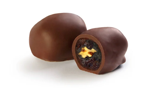 Caramelos Chocolate Rellenos Albaricoques Secos Ciruelas Pasas Higos Nueces Sobre Fotos de stock