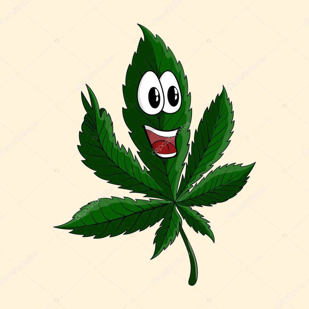 Happy cartoon cannabis character showing peace. For logos, icons, stickers, prints