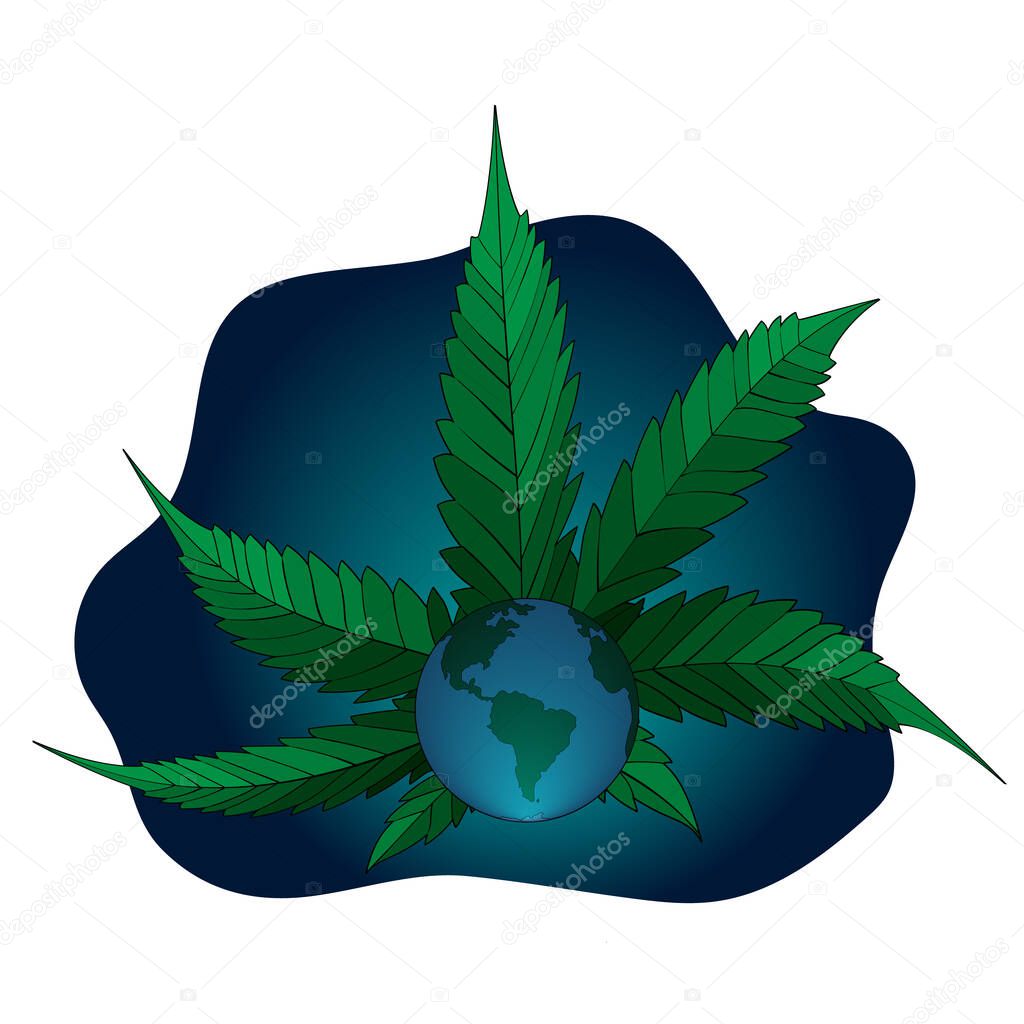 Planet Earth with green cannabis leaf on background