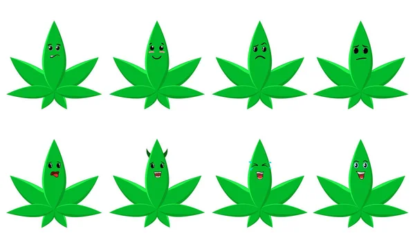 Vektor Reihe Von Lächeln Von Cannabisblättern Mit Emotionen Unzufrieden Traurig — Stockvektor