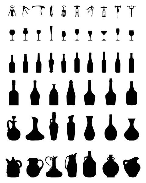 Bottles, glasses and corkscrew — Stock Vector