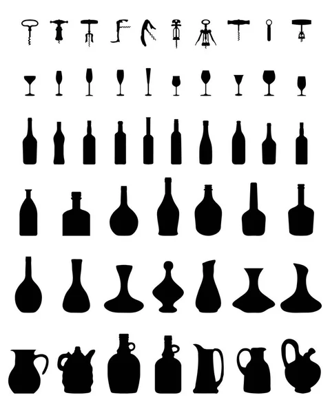 Бутылки, стаканы и штопор — стоковый вектор