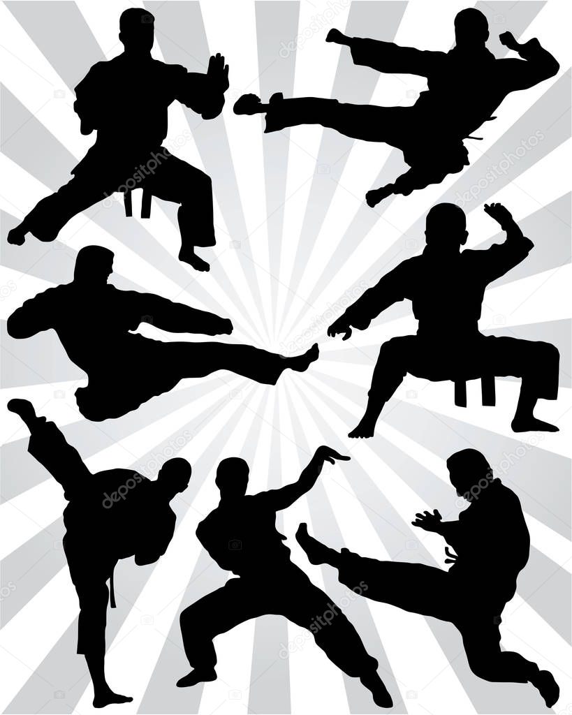 Black silhouettes of karate fighting