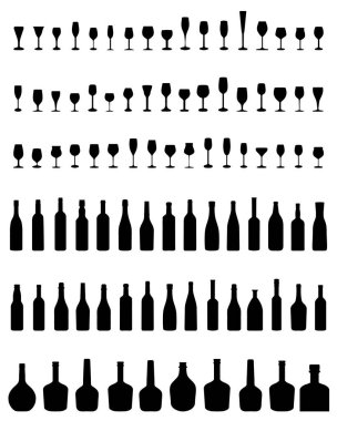 Şişe ve bardak beyaz bir arka plan üzerinde siyah siluetleri